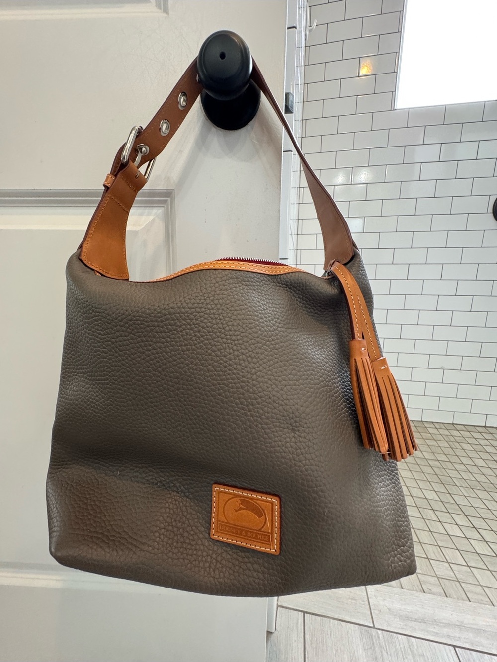Dooney & Bourke Brown Pebbled Leather Shoulder Bag with Tan Trim